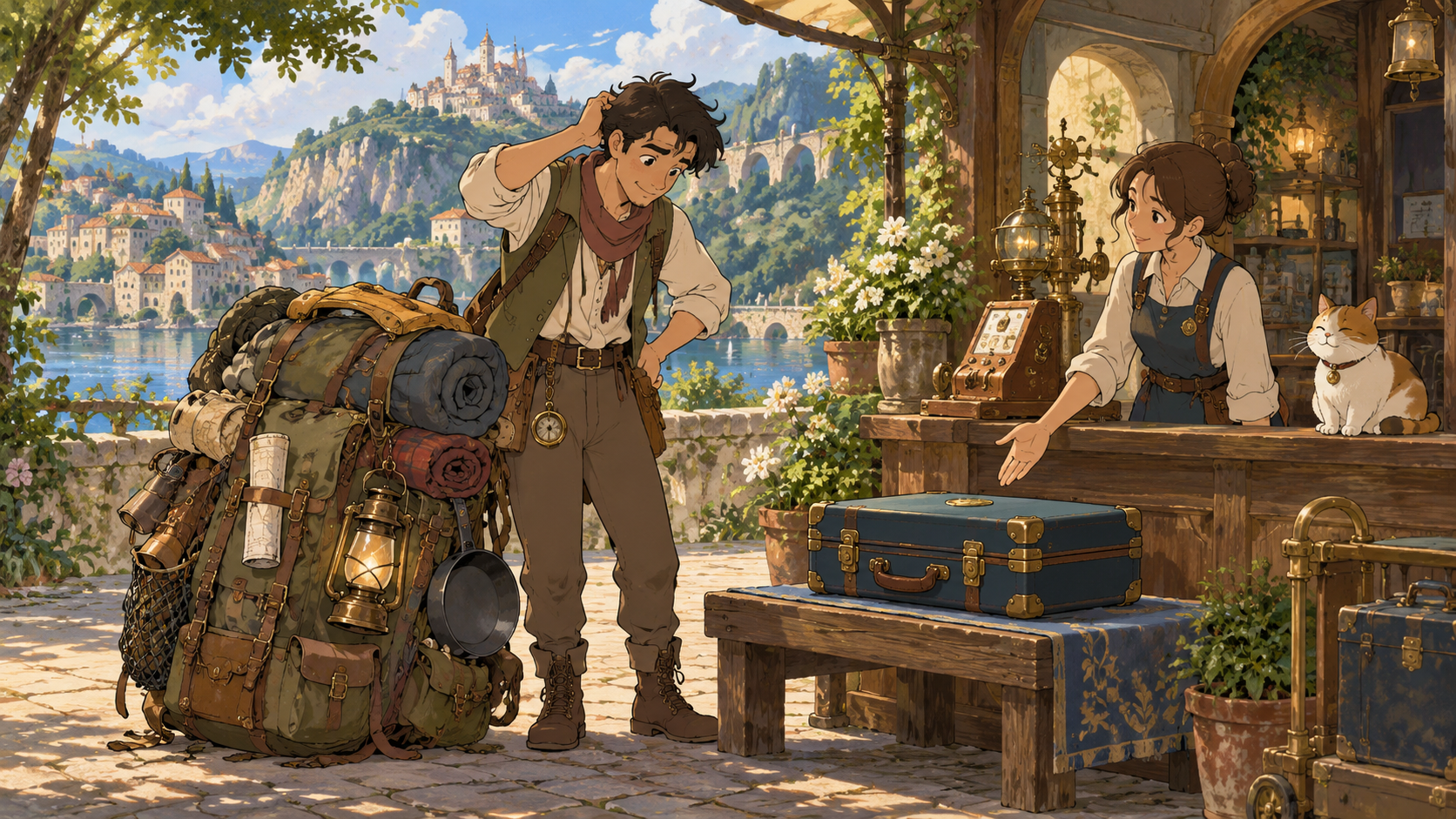 A traveler considers a carefully packed case at a registration kiosk