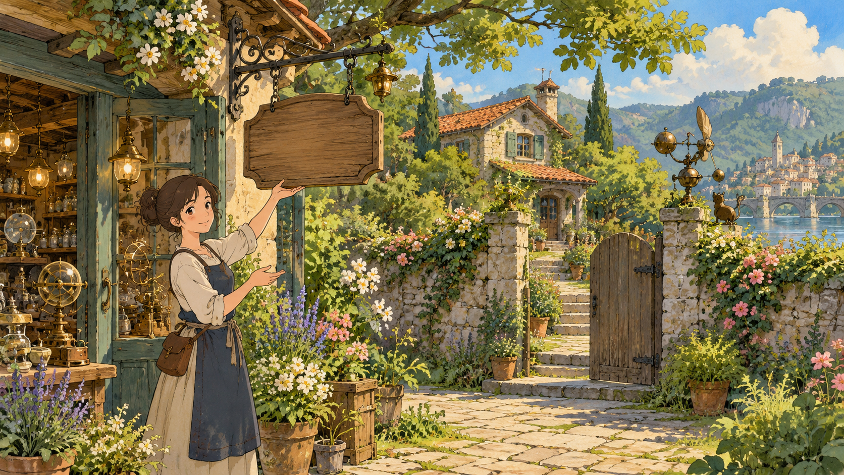 A shop faces the street while a garden protects a private home