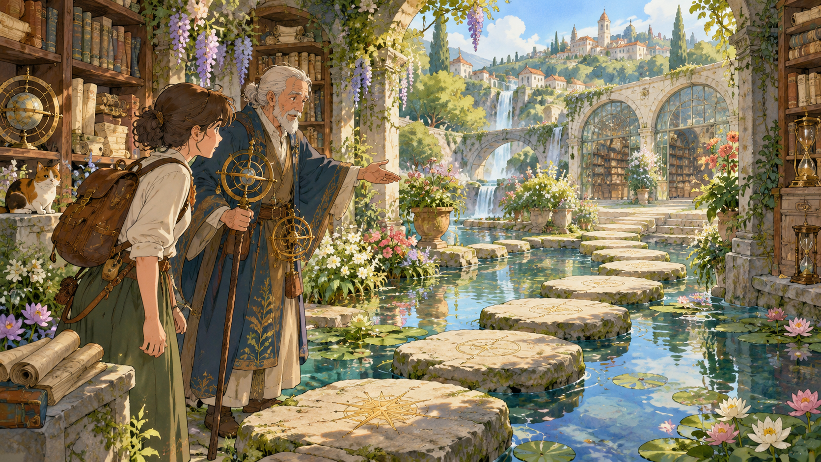 An elder shows a trusted adult a route through an archive garden