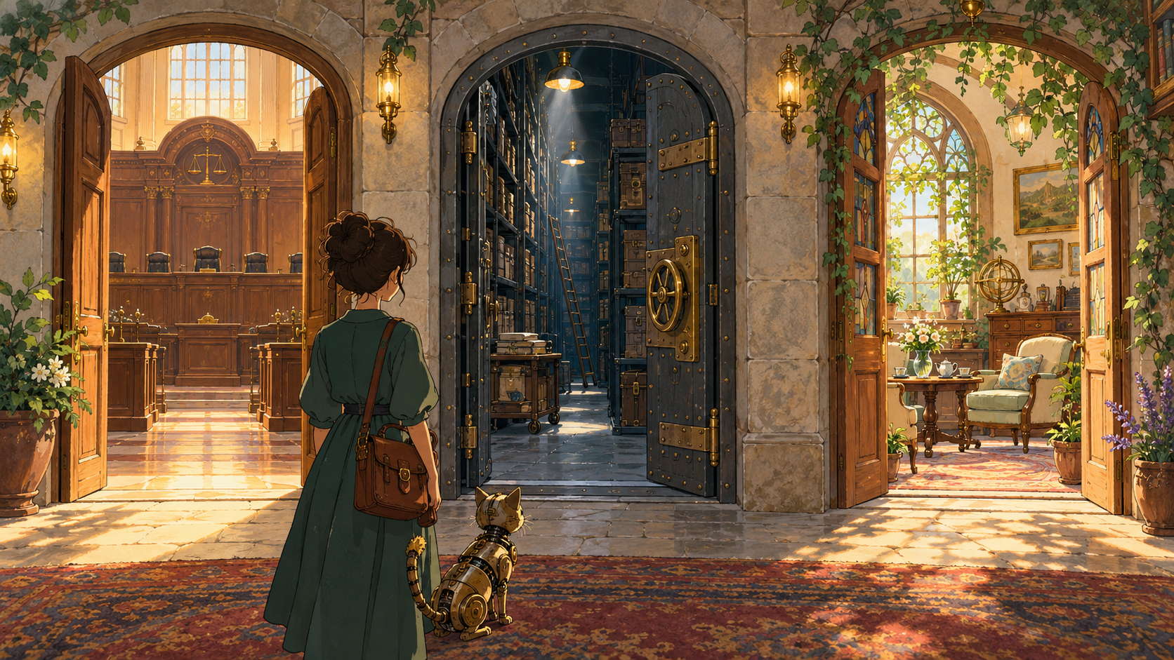Three doors lead to a courtroom, archive, and advice room