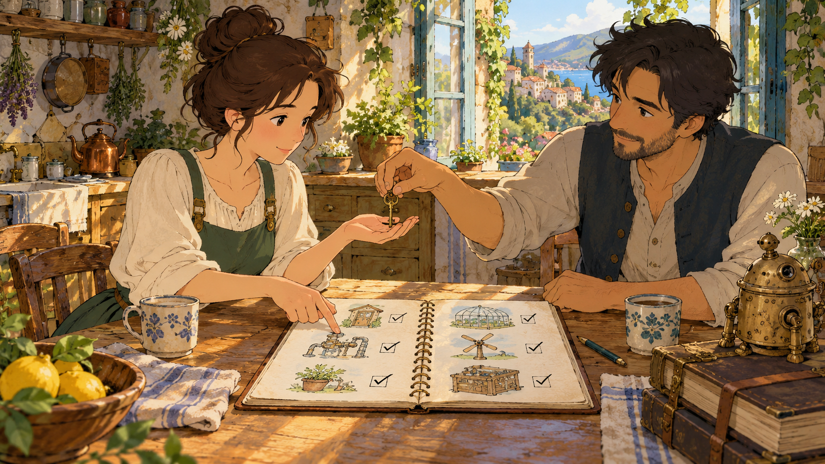 Two adults rehearse a key handoff at a kitchen table
