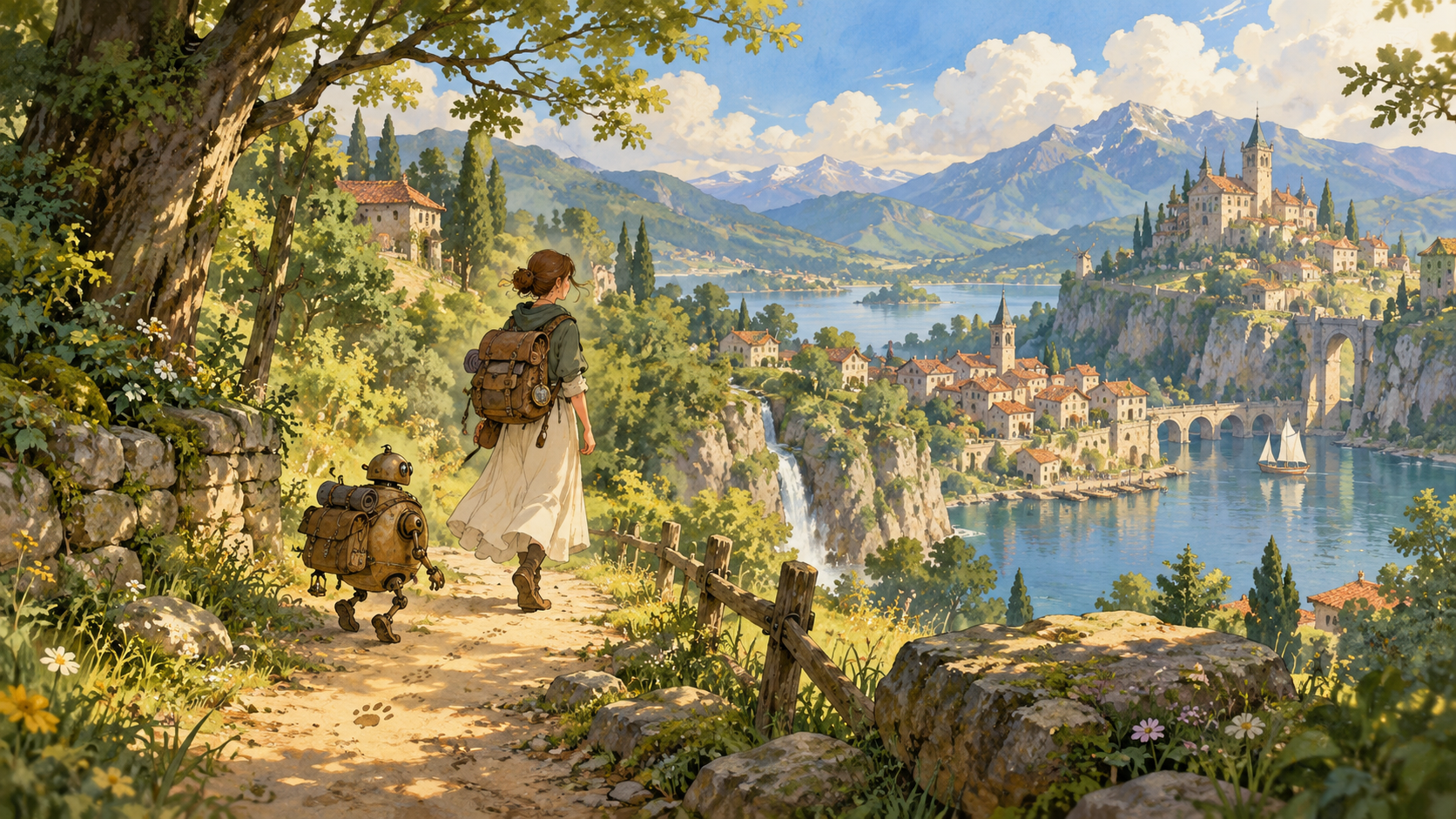 A traveler leaves faint footprints along a forest path