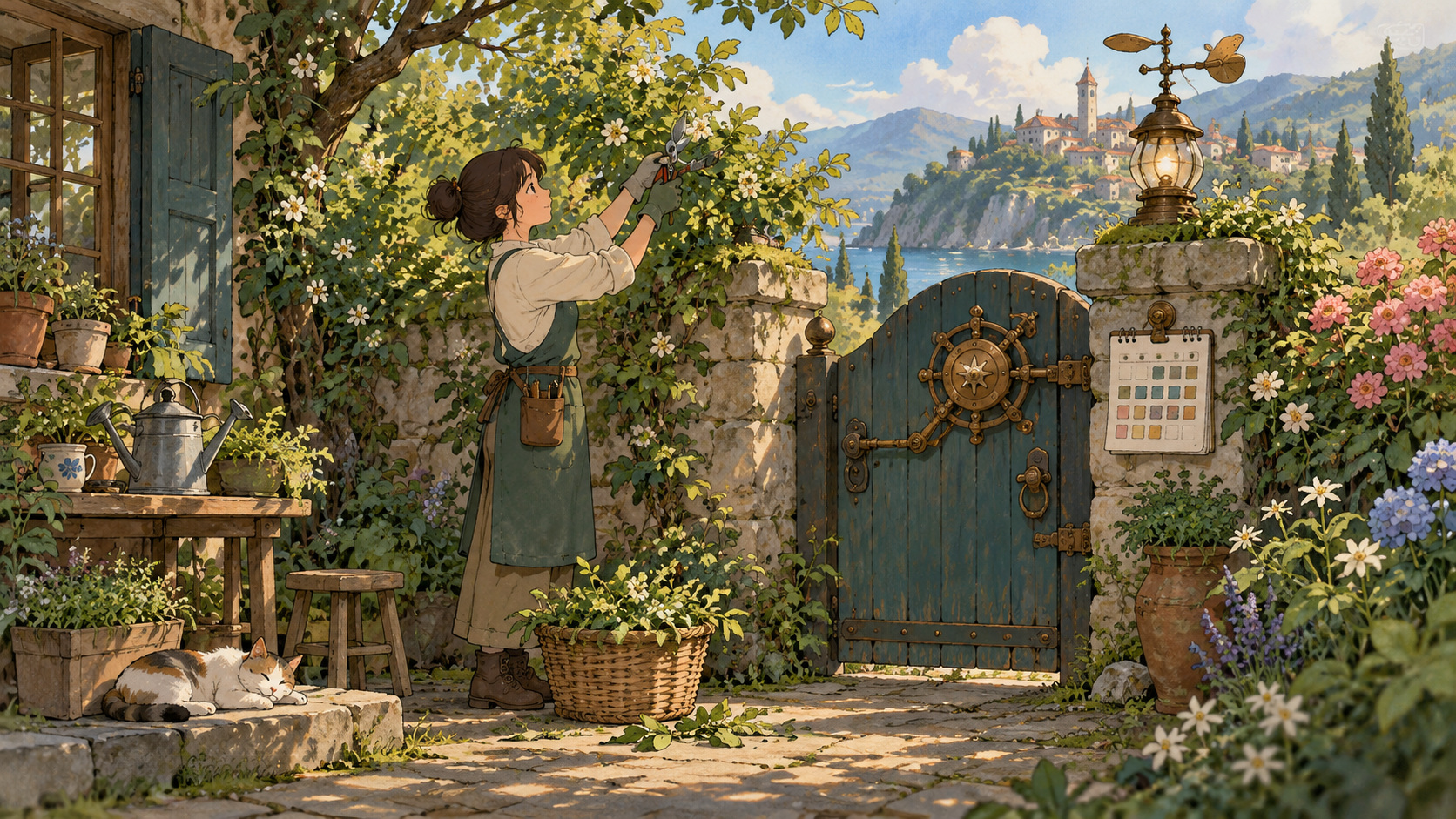 A person tends a garden and checks its gate