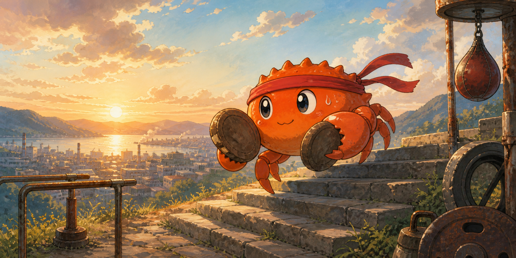 Ferris trains at sunrise on stone steps.