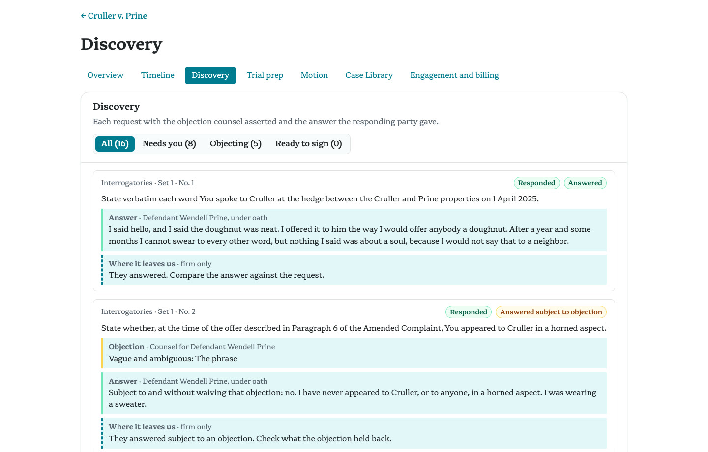 The Cruller v. Prine discovery page: each interrogatory with the objection, the sworn answer, and a firm-only note.