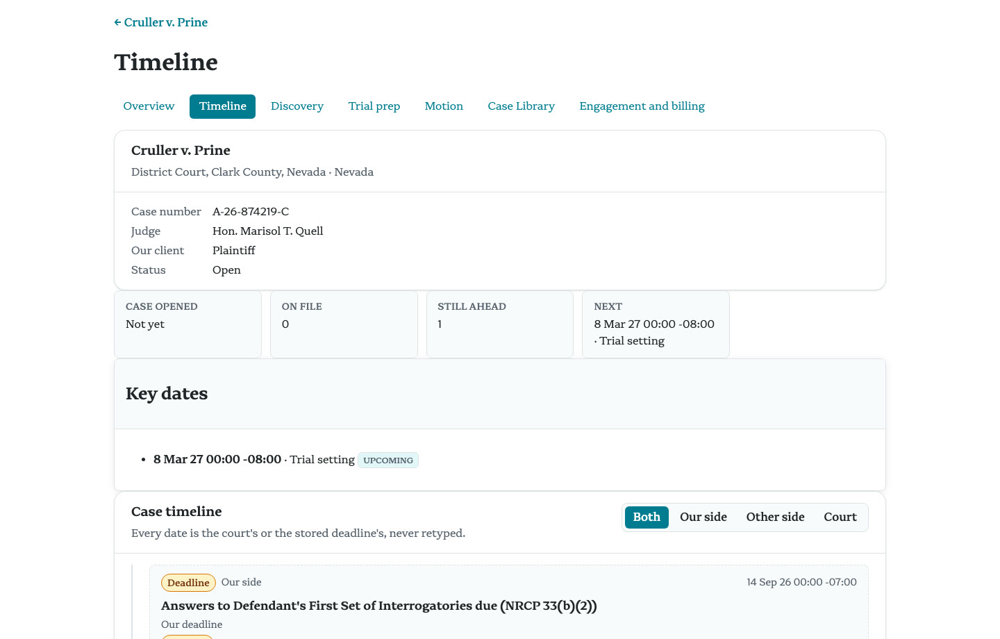 The same timeline page in the client lens, without the firm-only Sections.