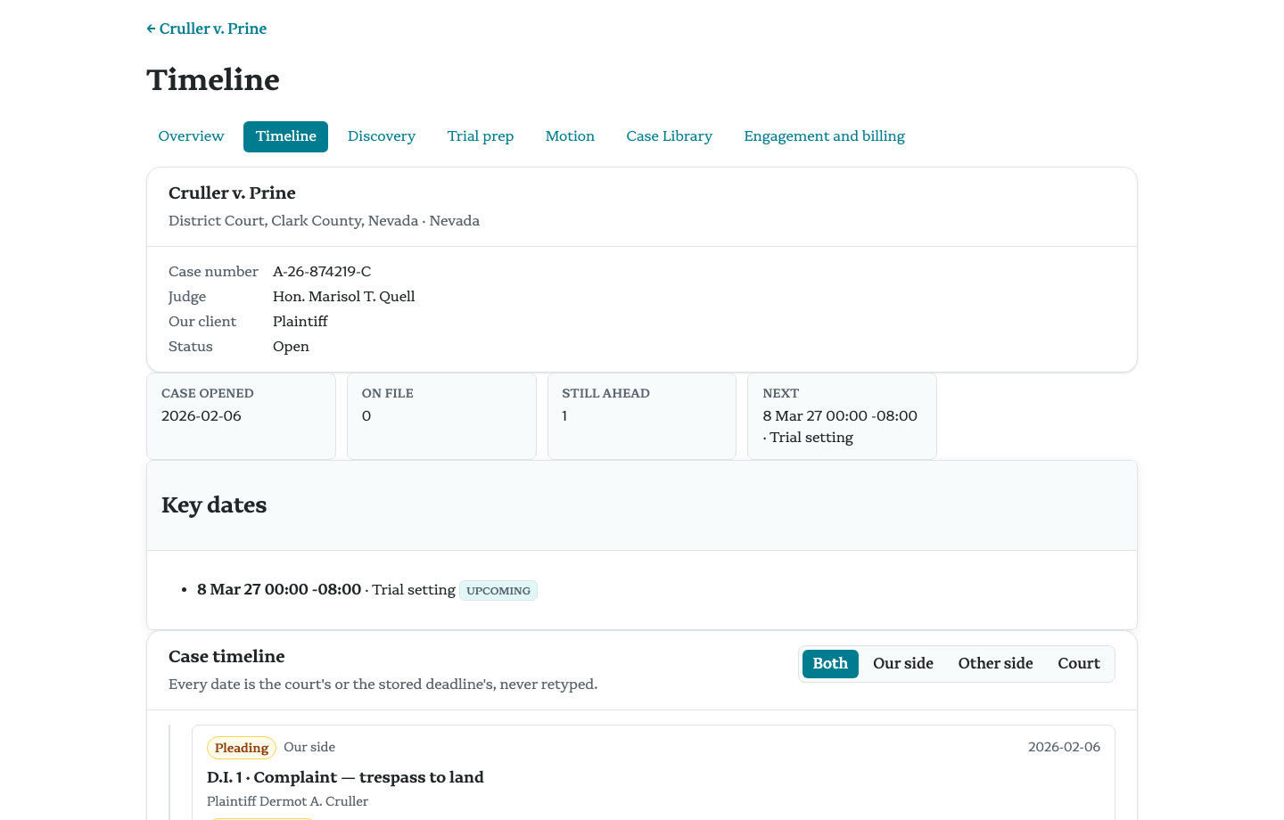The Cruller v. Prine timeline page in the lawyer lens: case caption, filing counts, key dates, and the case timeline.