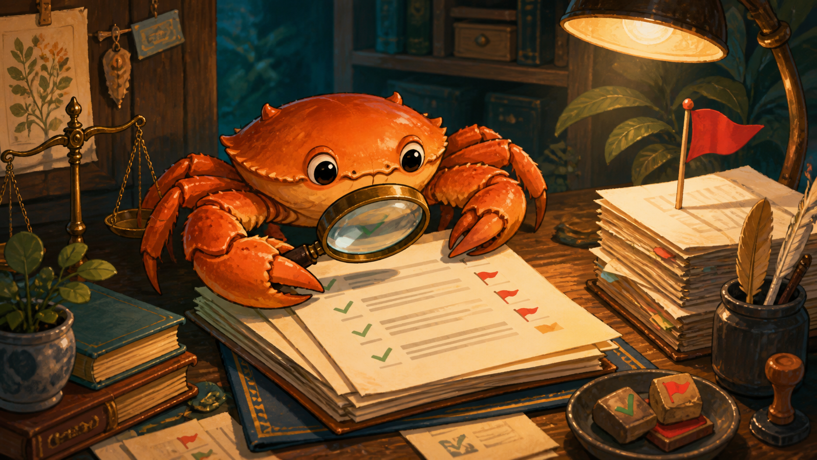 Ferris inspects legal pages with a magnifying glass