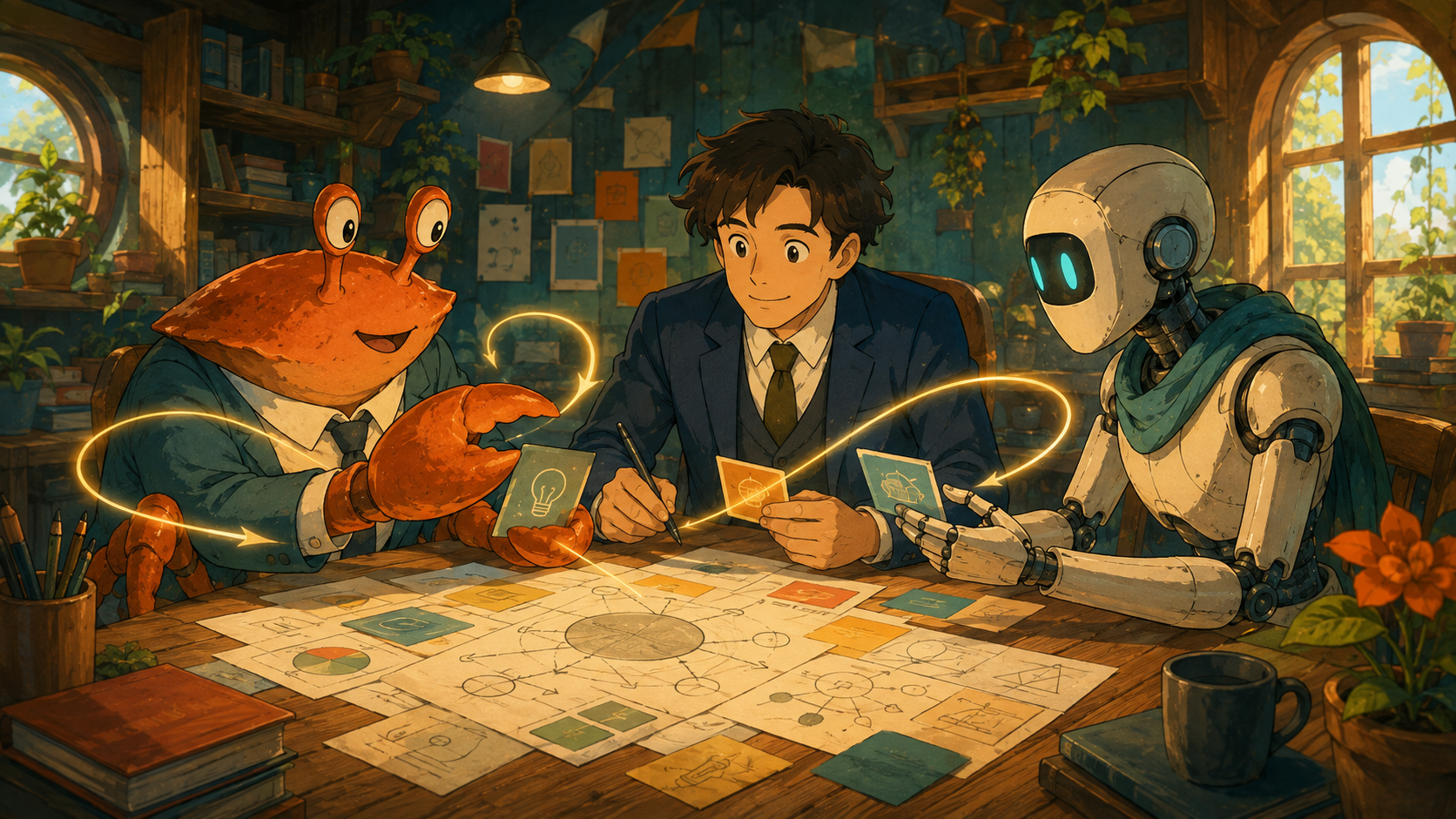 Ferris builds an idea with a lawyer and client around a feedback table