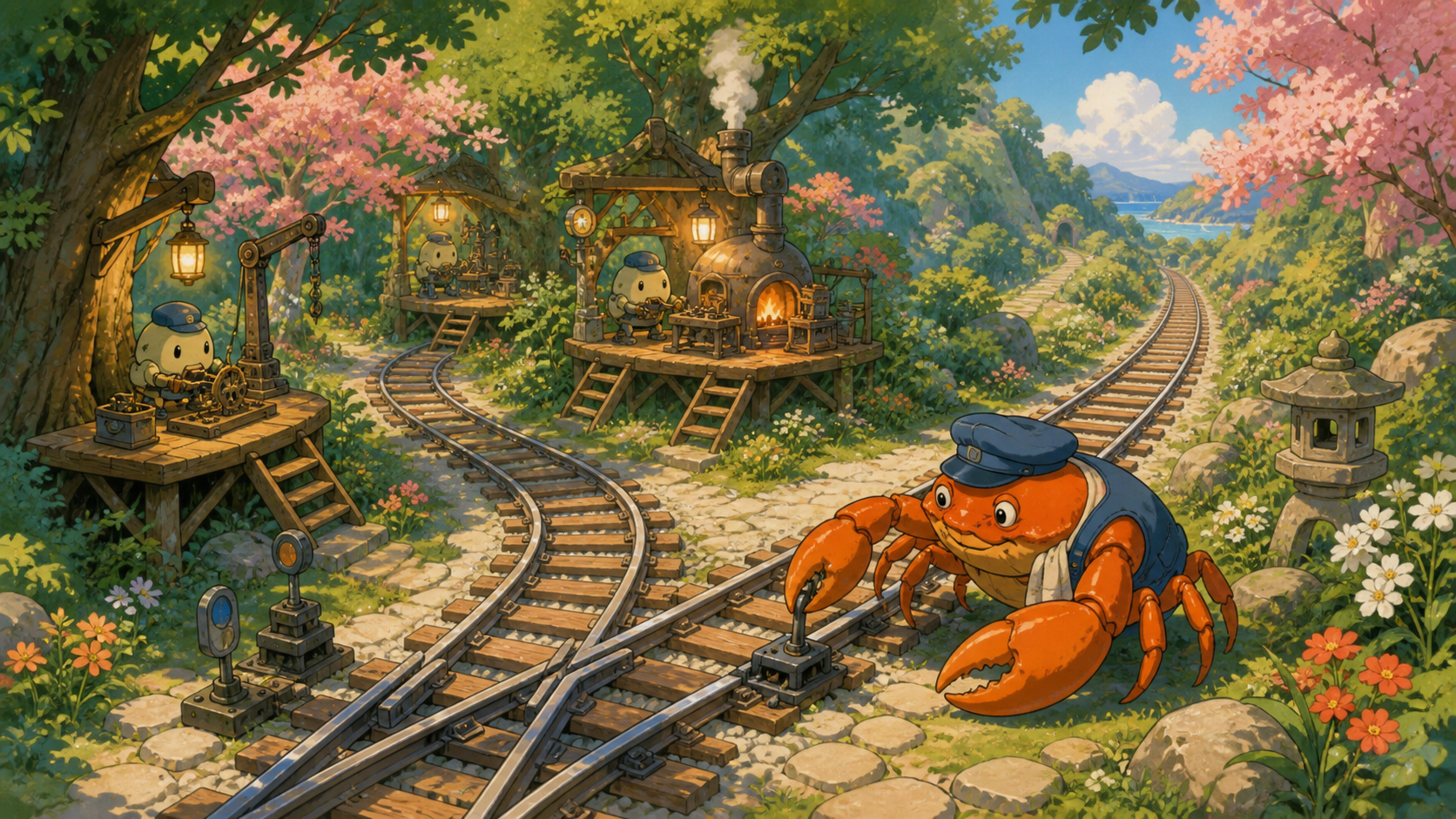 Ferris tends a main railway with worktree branches