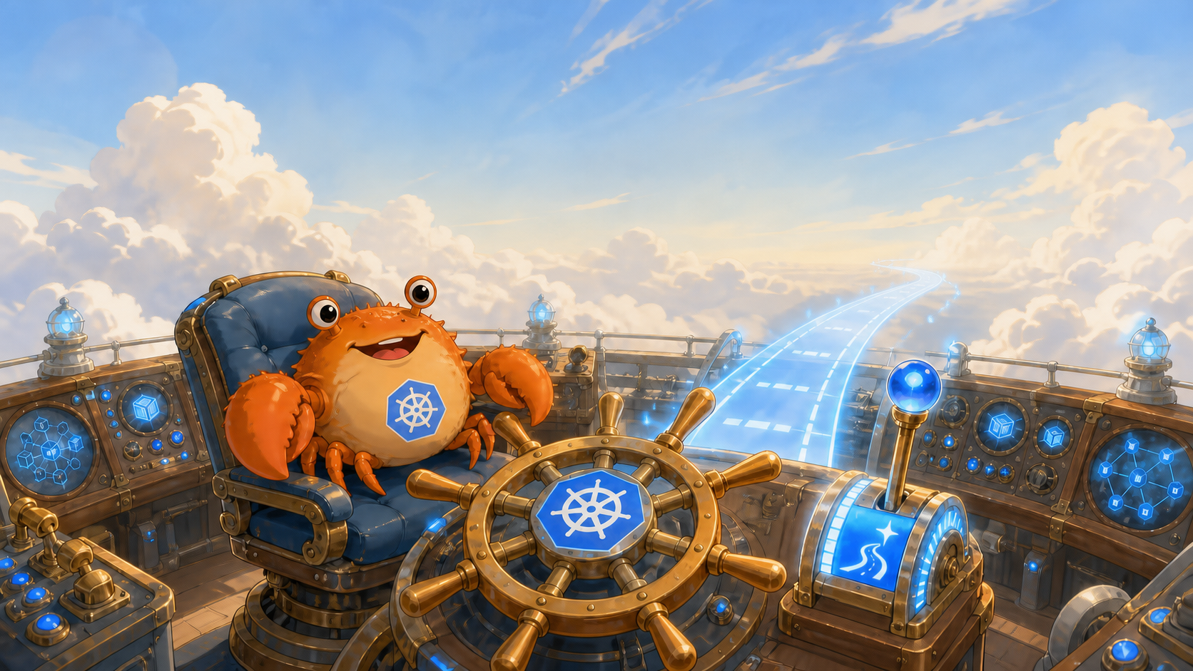 Ferris relaxes while a Kubernetes cloudship runs on autopilot