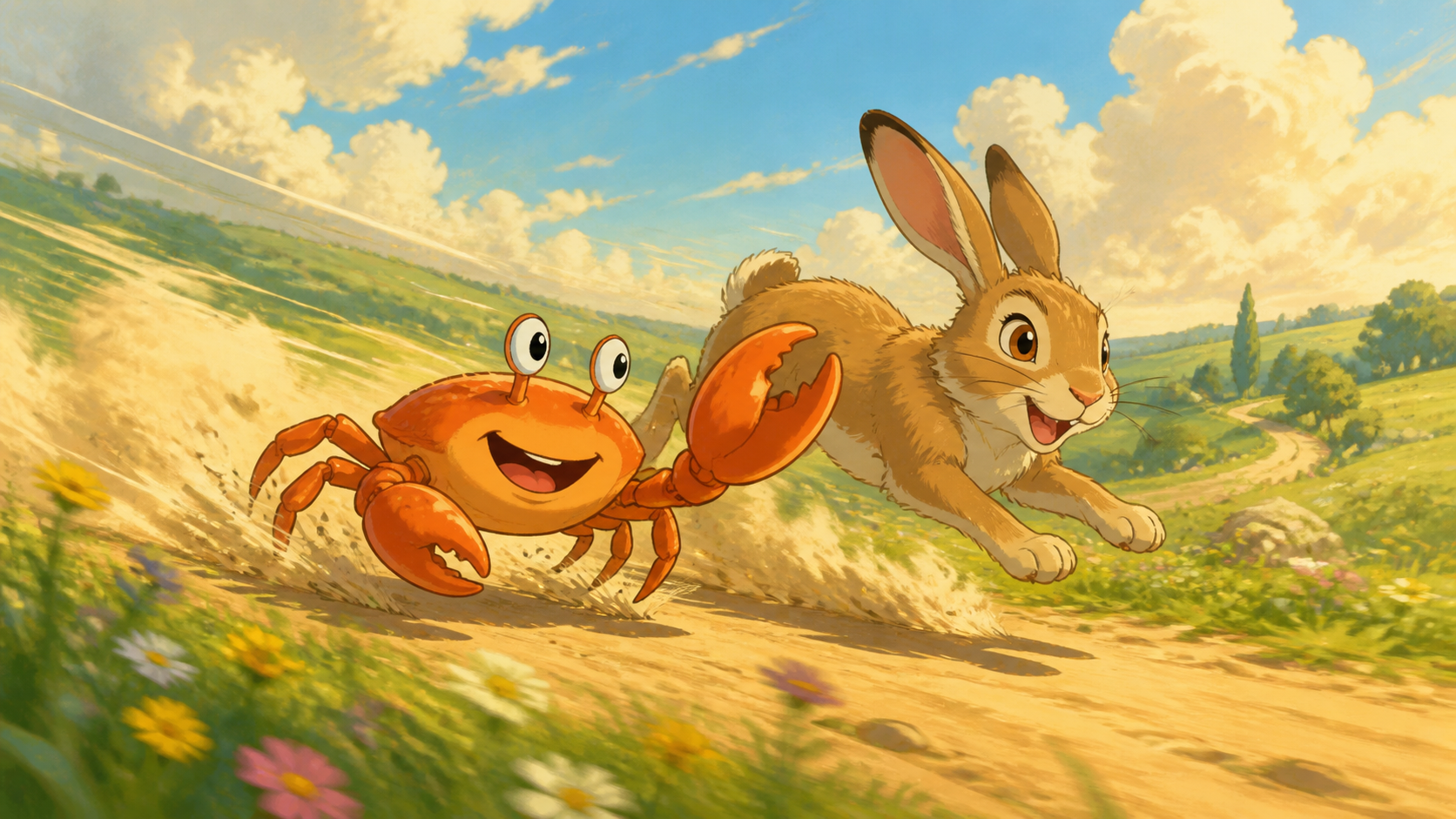 Ferris the Rust crab racing a hare at tremendous speed