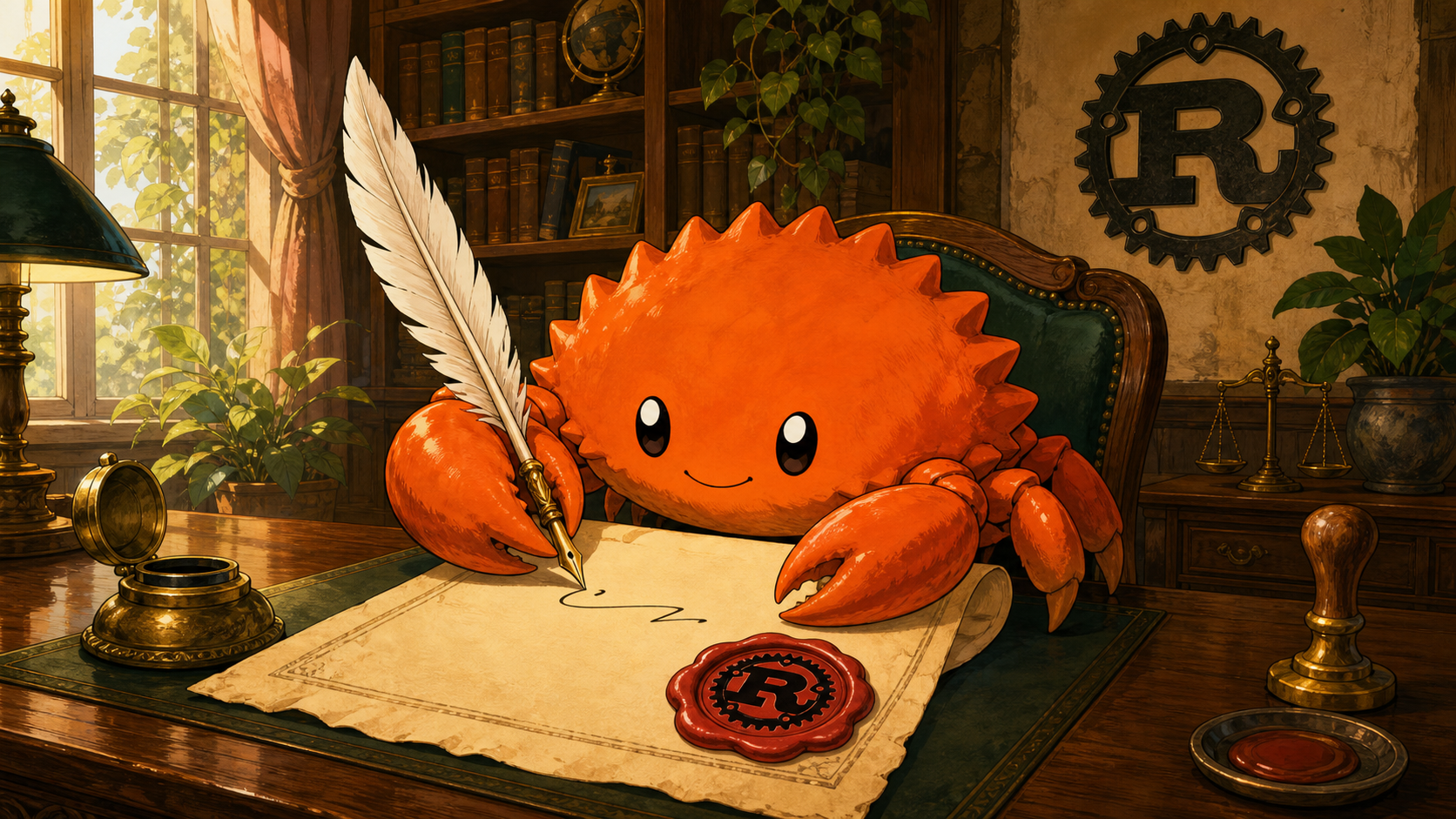 Ferris signs a document with a quill and the Rust logo
