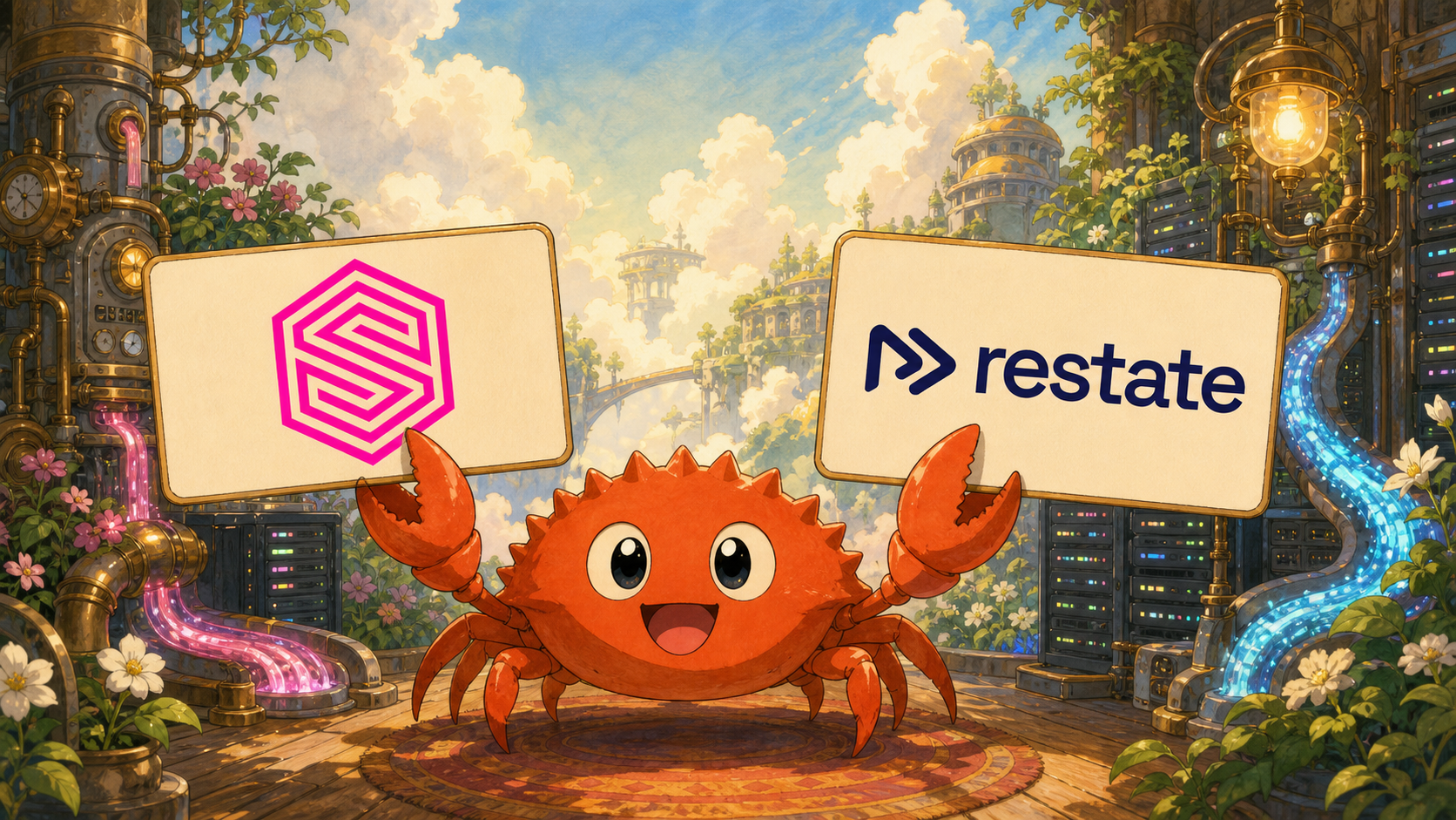 Ferris presents the SurrealDB and Restate logos
