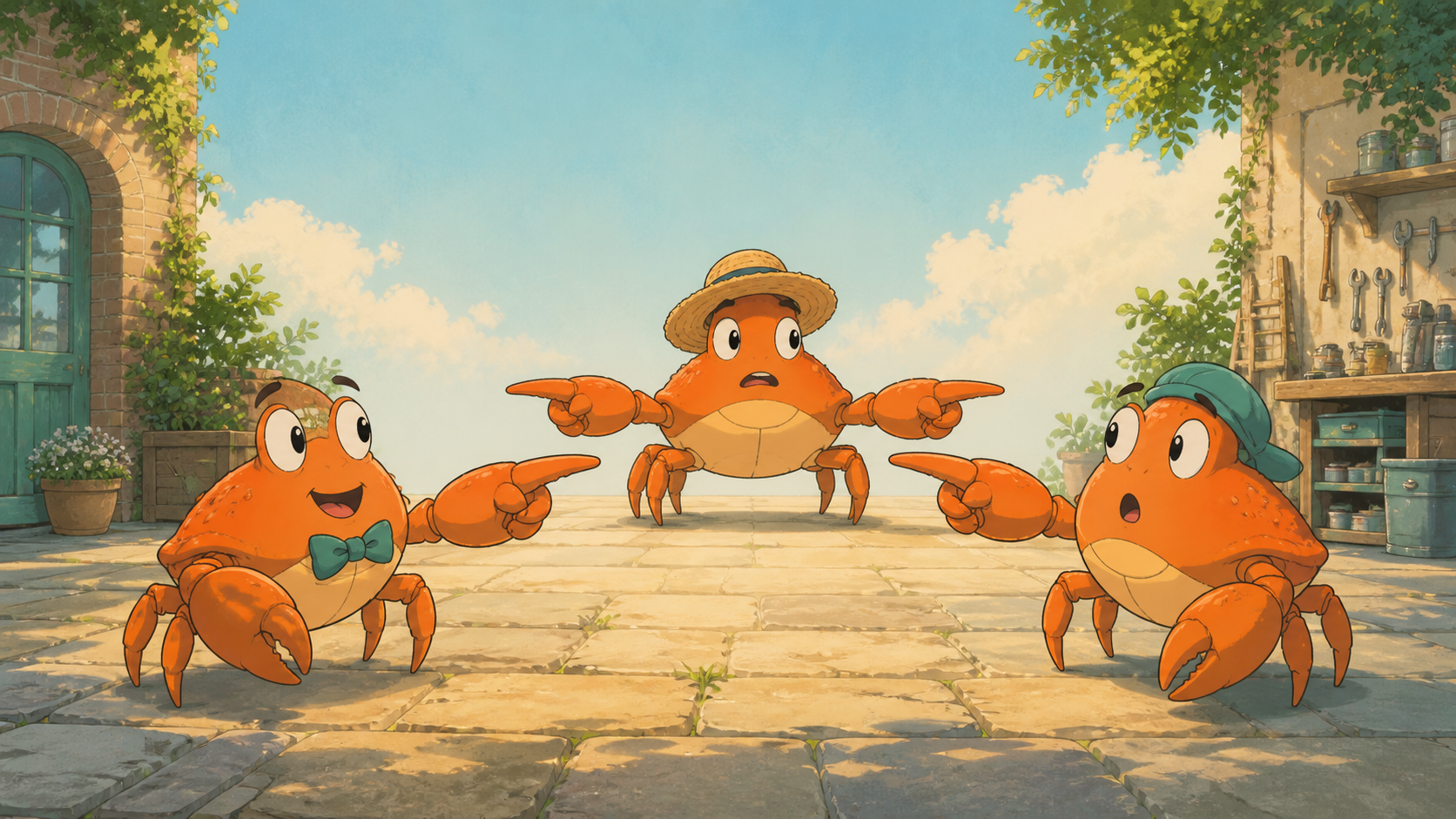Three Ferris crabs point at one another