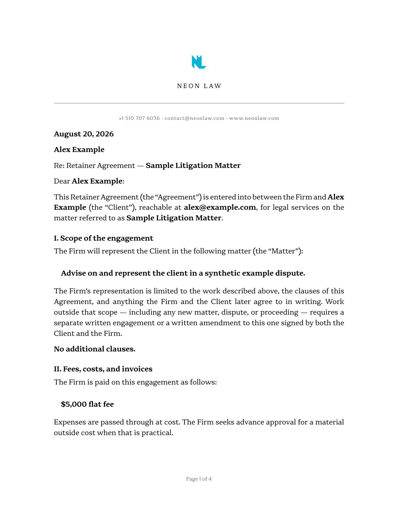 First page of the rendered Retainer Agreement PDF