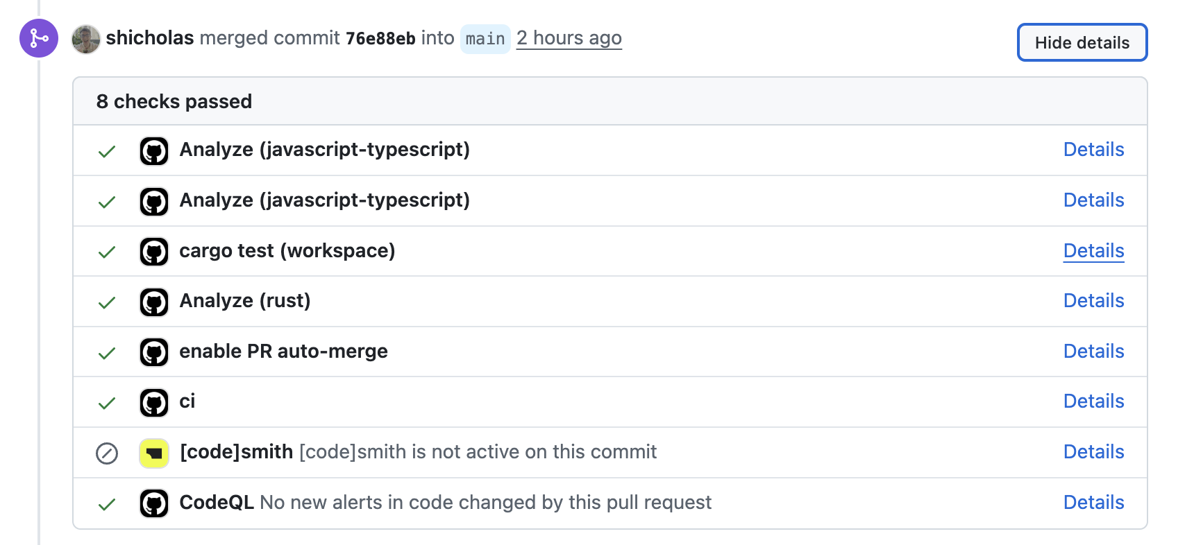Eight continuous integration checks passed