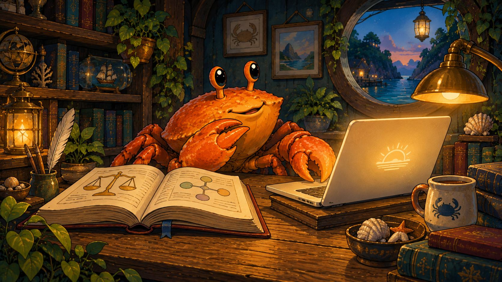 Ferris compares an open legal book with a glowing laptop at a wooden desk